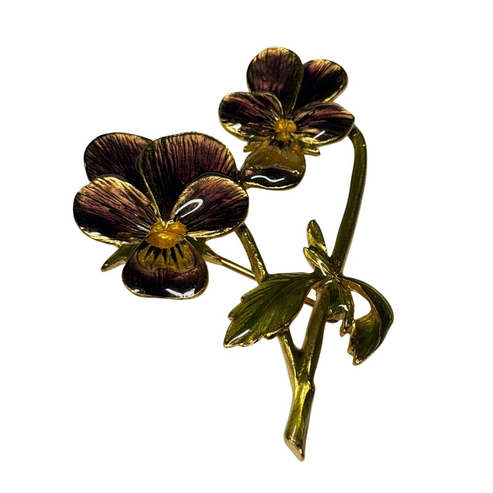 CMA Enamel Pansy Flower Brooch Gold Tone Pin Vintage Floral Jewelry